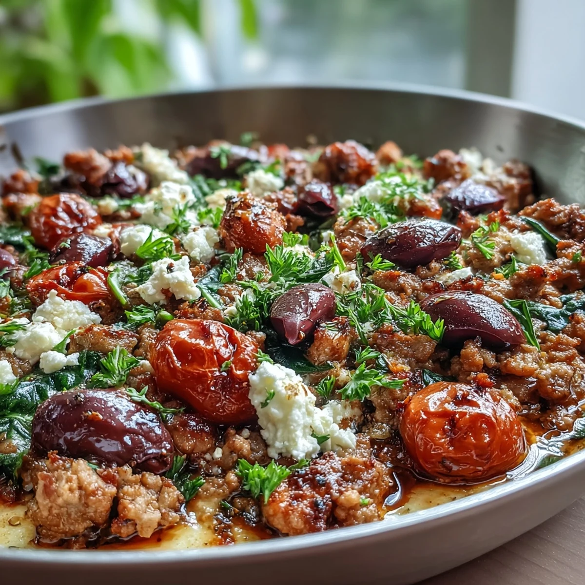 Top view Mediterranean Keto Ground Chicken Skillet with Olives and Feta, a low carb one skillet dinner ready to serve with a fork and lemon slices.