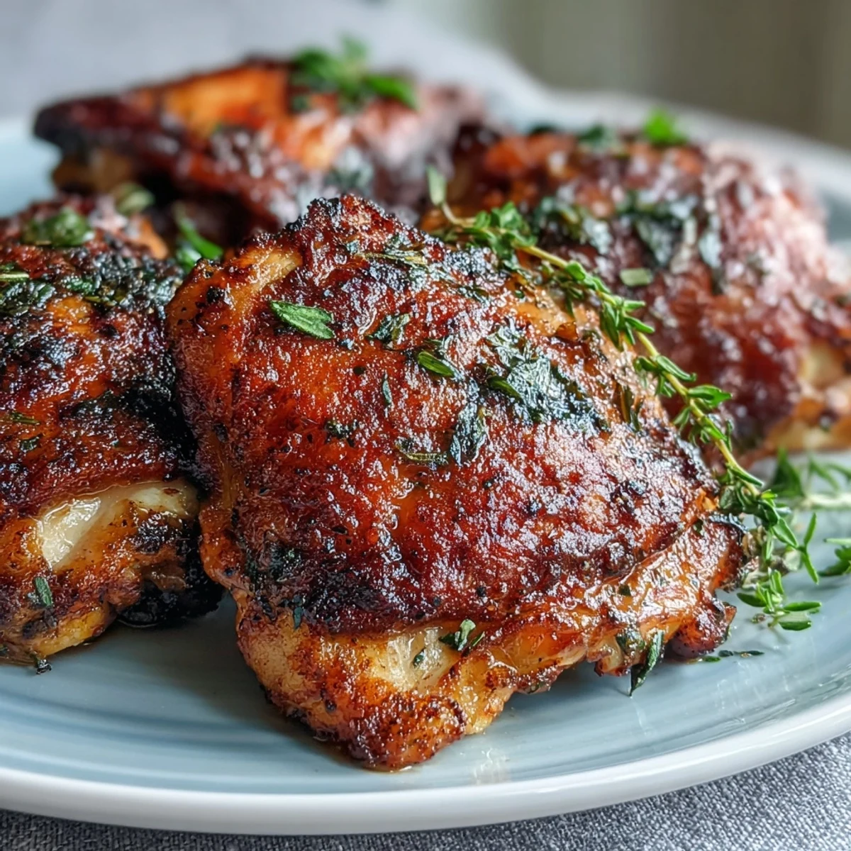 Freshly baked crispy bone-in chicken thighs rest on a wire rack, showcasing golden crackling skin and smoky spice seasoning.