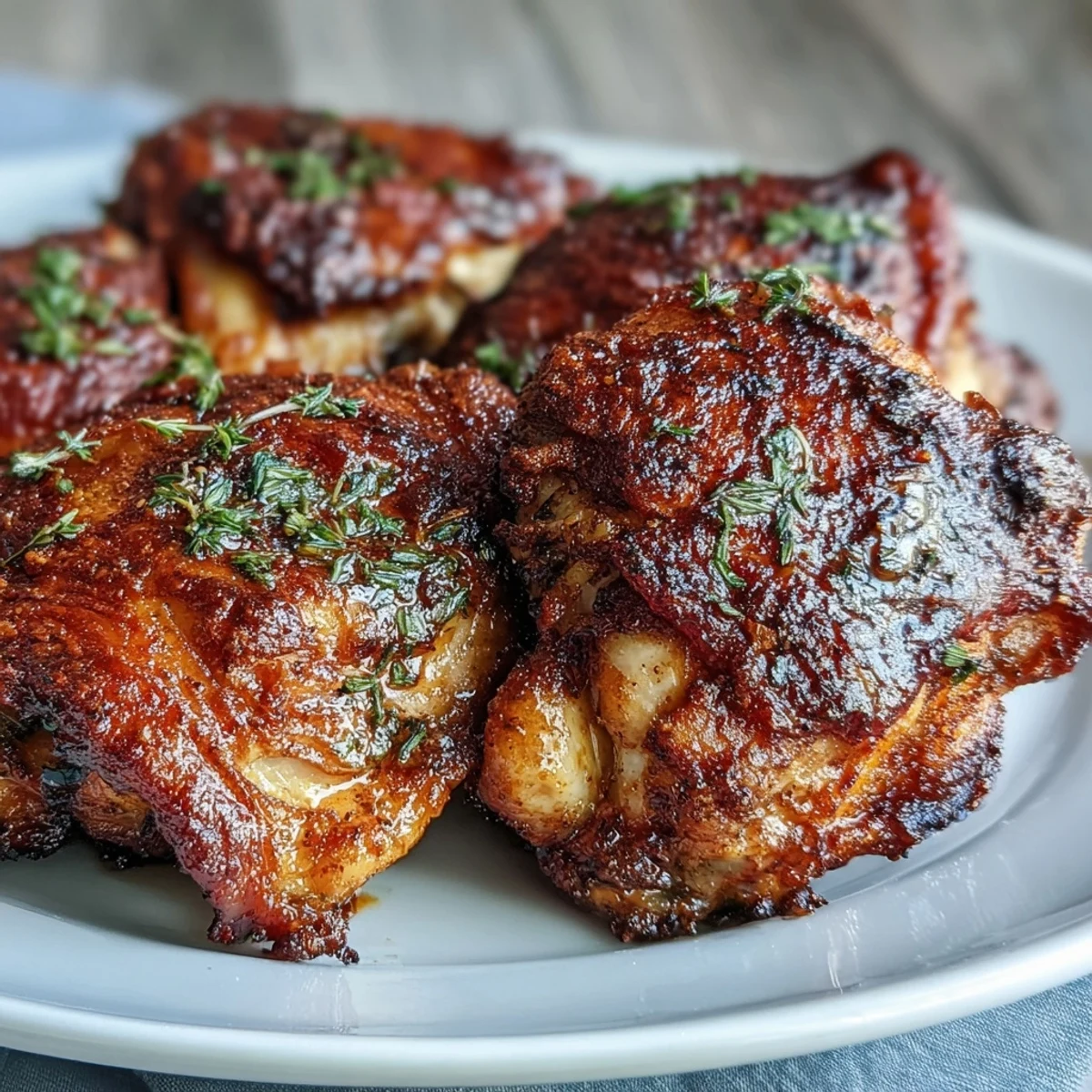 Crispy bone-in chicken thighs show their juicy, succulent meat and deep golden skin under warm, broiled finishing light.