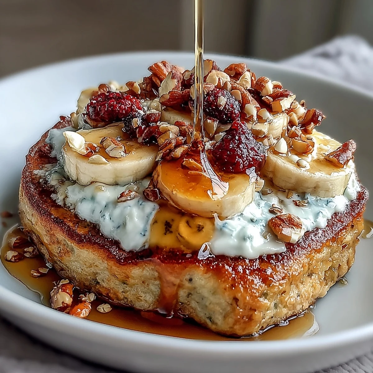 A warm, golden Protein Pancake Bowl filled with oats, banana slices, and a dollop of creamy Greek yogurt.