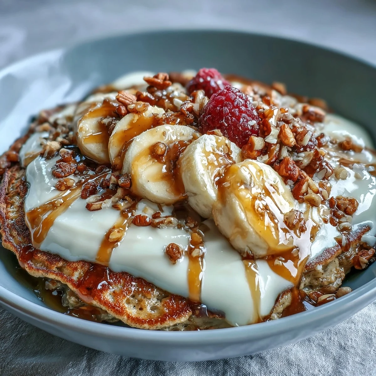 A close-up of a hearty Protein Pancake Bowl topped with fresh berries, chopped walnuts, and a honey drizzle.