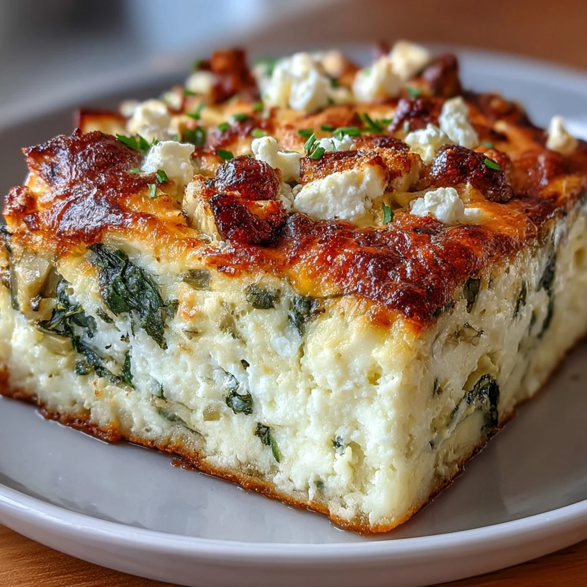 Freshly baked High Protein Spinach Artichoke Bake with a golden, bubbly feta top, served warm from the oven.