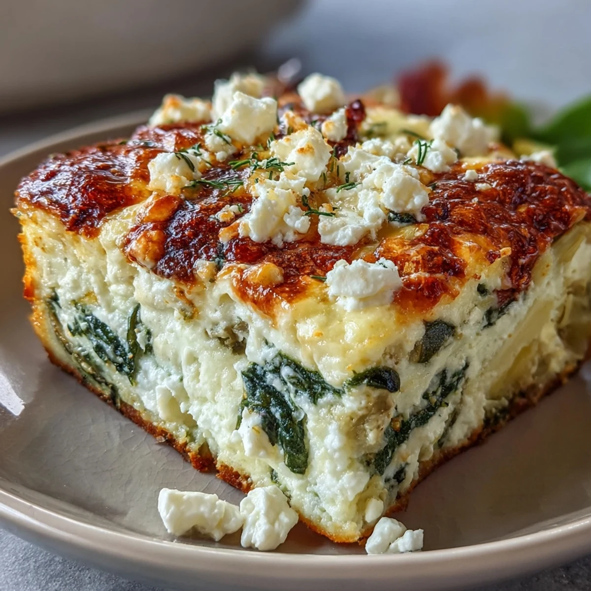 Sliced squares of High Protein Spinach Artichoke Bake on a white plate, perfect for a low-carb dinner.