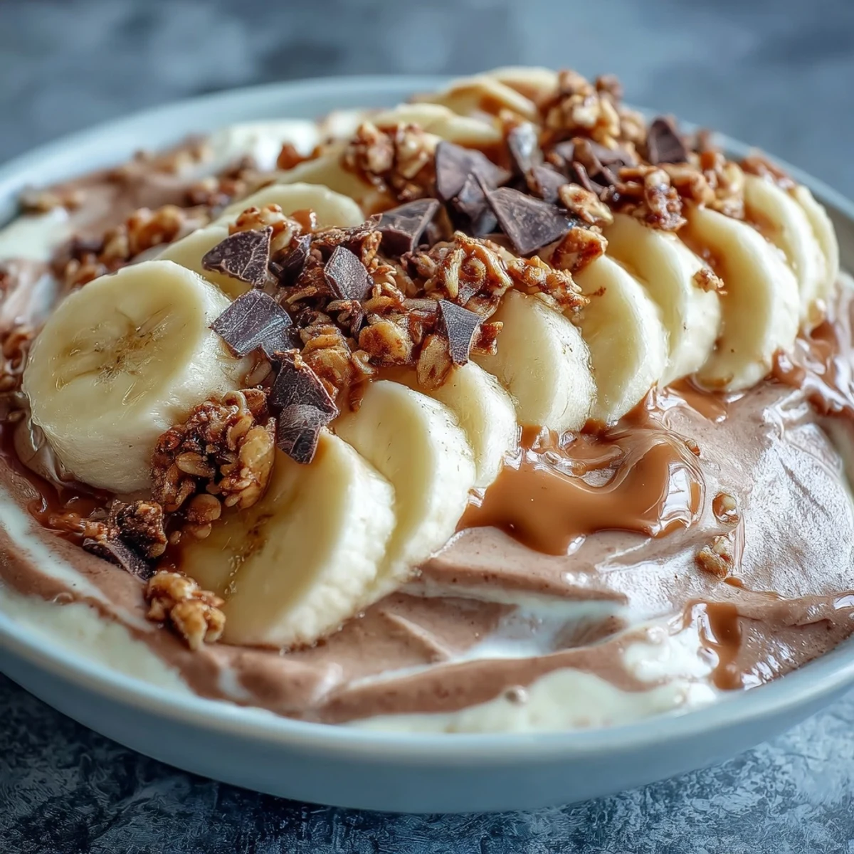 This vibrant bowl features a rich cocoa and peanut butter base, topped with fresh banana slices and chopped dark chocolate for an indulgent breakfast.