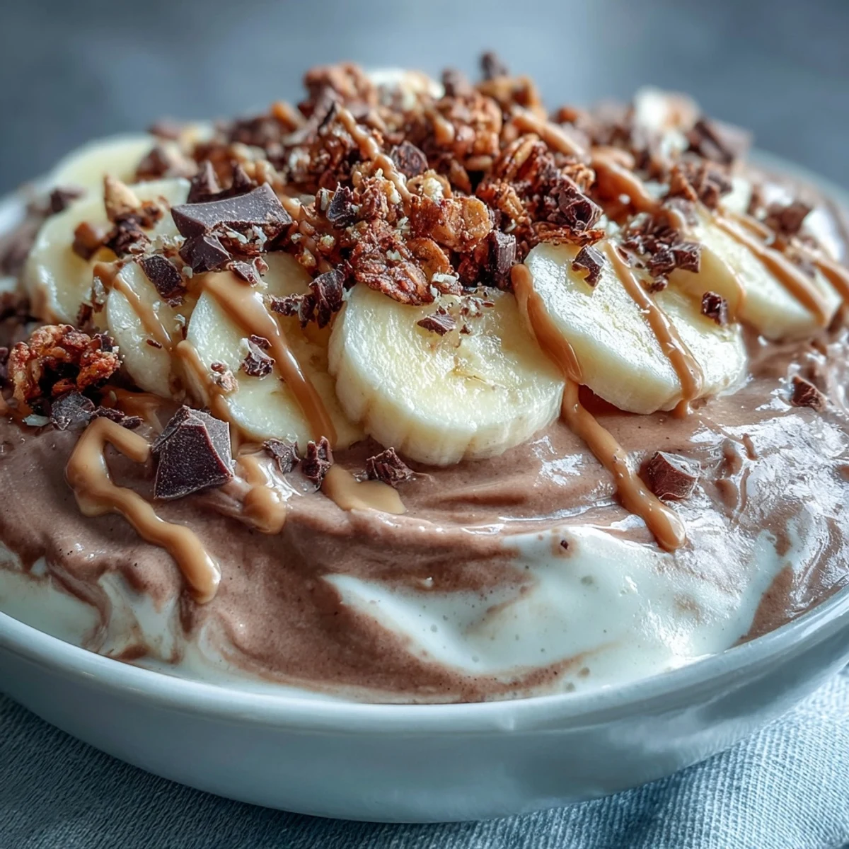 Spoon ready to dive into a nourishing Chocolate Peanut Butter Smoothie Bowl, loaded with granola, banana slices, and a decadent peanut butter drizzle.