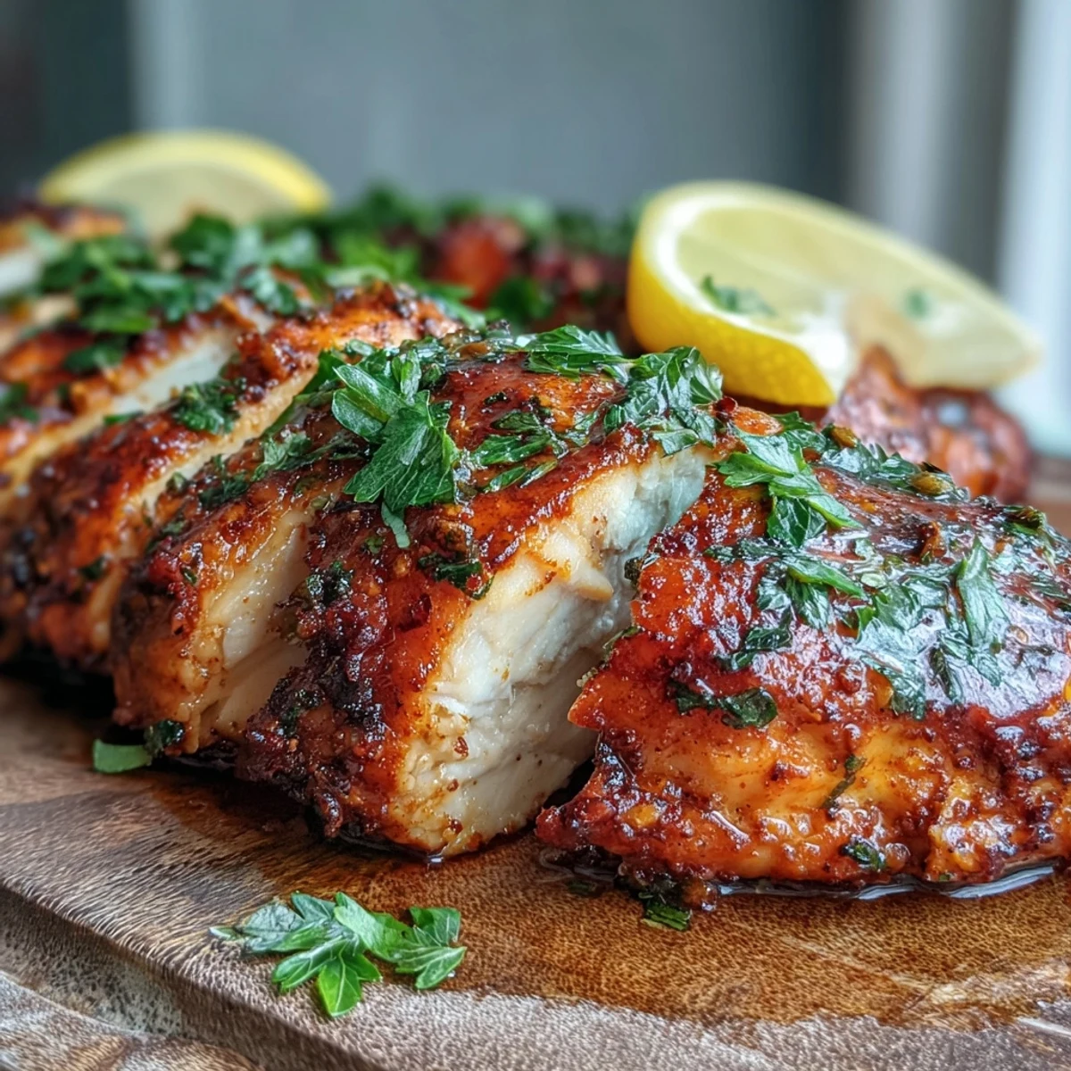 Sliced, juicy Oven Baked Chicken Breast on a bed of greens, garnished with fresh parsley and lemon.