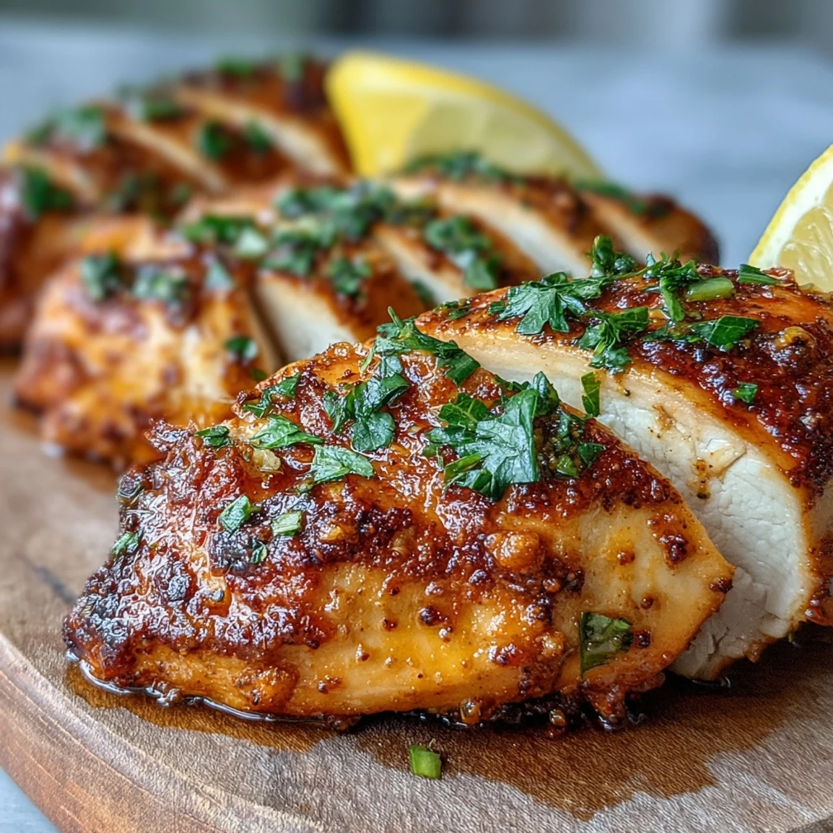 Golden-brown Oven Baked Chicken Breast seasoned with herbs, resting on a baking sheet before slicing.