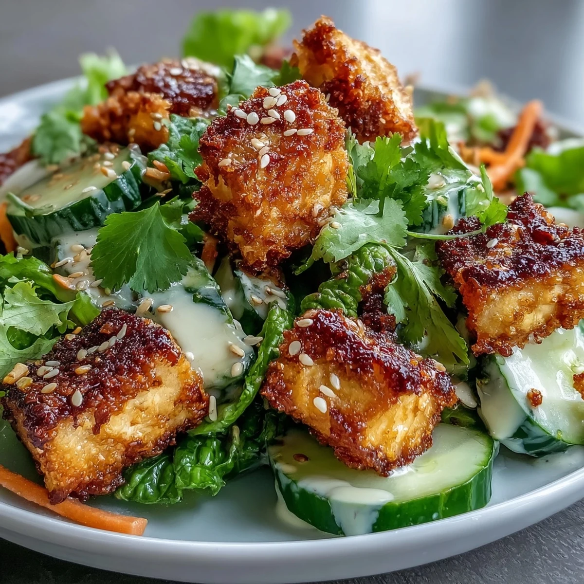 Golden crispy tofu cubes rest atop cool, sliced cucumbers and carrots in a creamy Asian cucumber salad.