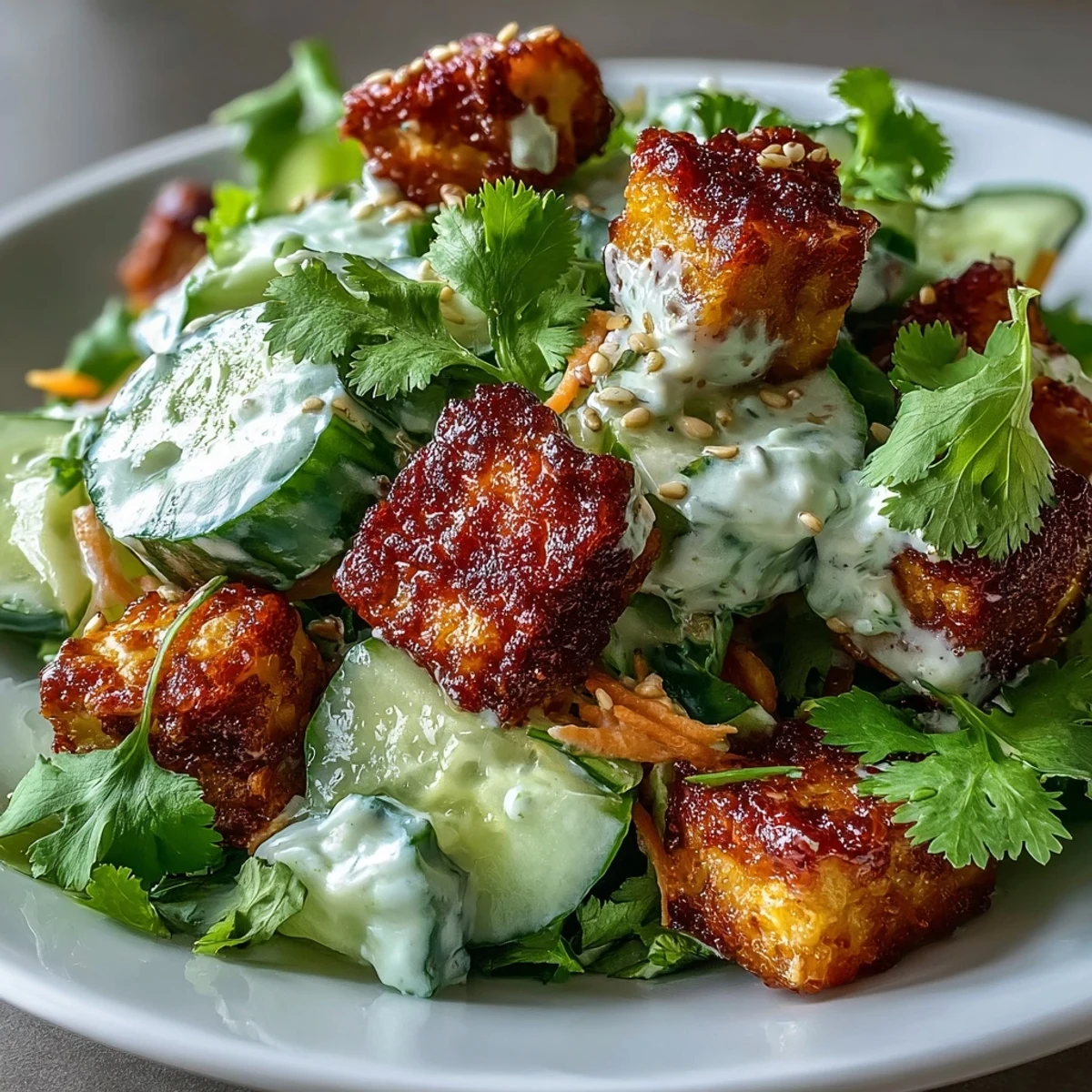 Fresh cucumbers and carrots tossed in a creamy sesame ginger dressing with golden crispy tofu cubes.