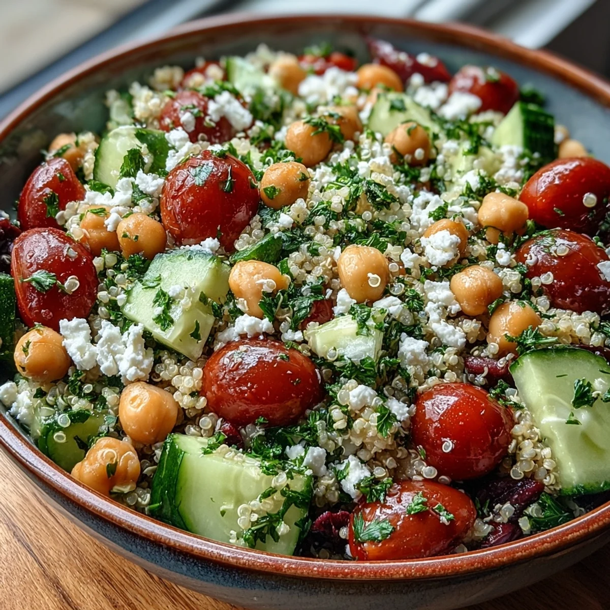 A generous serving of High Protein Quinoa & Chickpea Salad topped with crumbled feta and fresh parsley.
