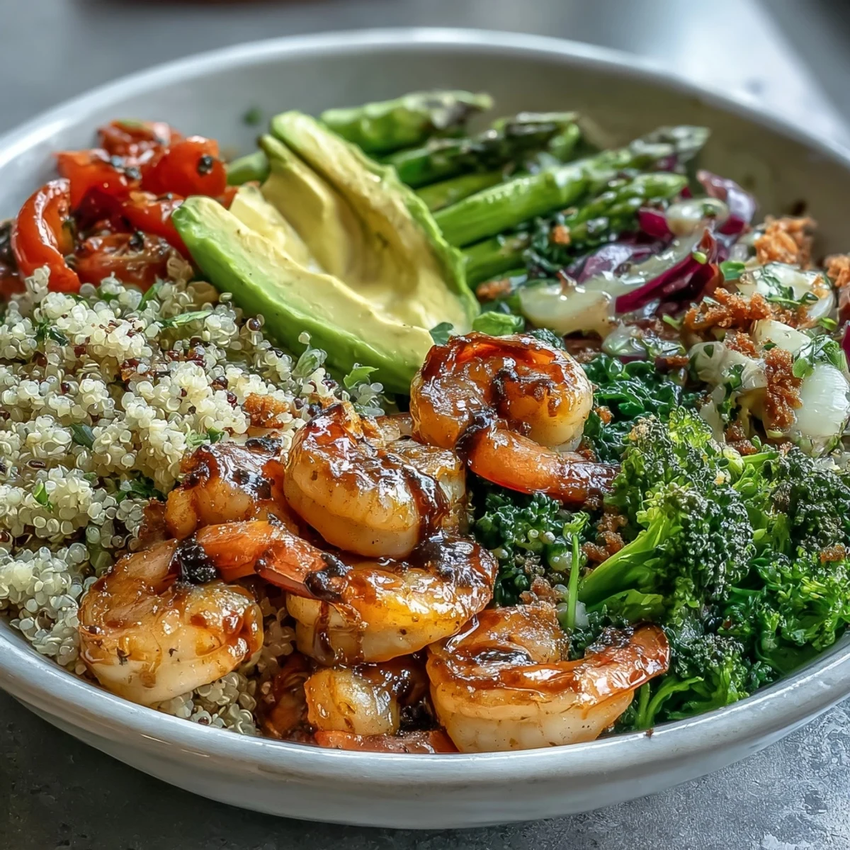 A freshly prepared Rainbow Vegetable Detox Bowl with balsamic drizzle, showing juicy shrimp, blanched veggies, and sliced avocado on a neutral plate.