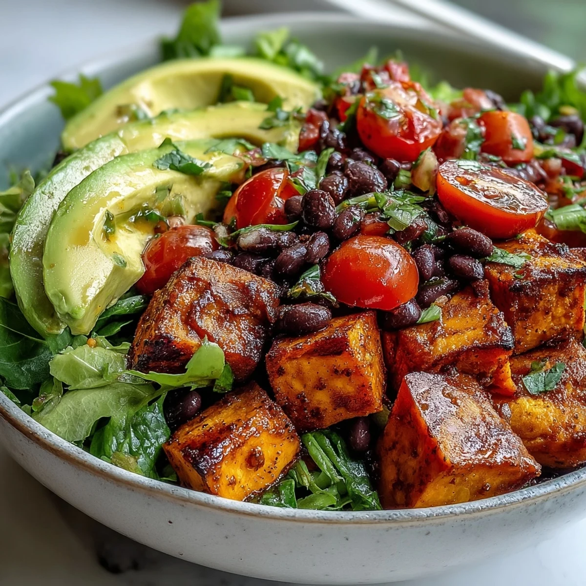 Vibrant Sweet Potato and Black Bean Bowl features roasted orange cubes, creamy avocado slices, and fresh salsa on a bed of greens.