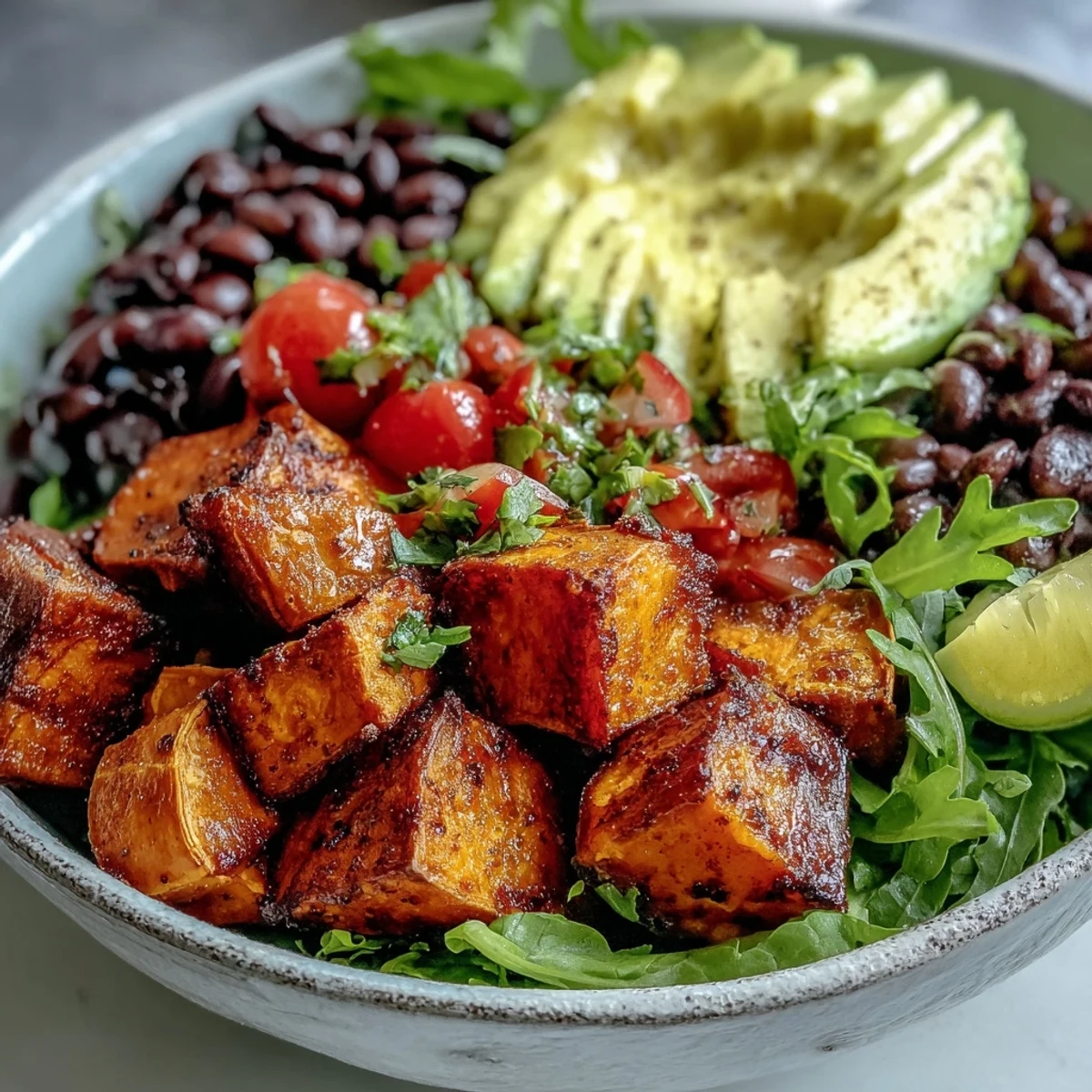 A hearty Sweet Potato and Black Bean Bowl with warm spices, zesty lime dressing, and colorful vegetables perfect for a nutritious meal.