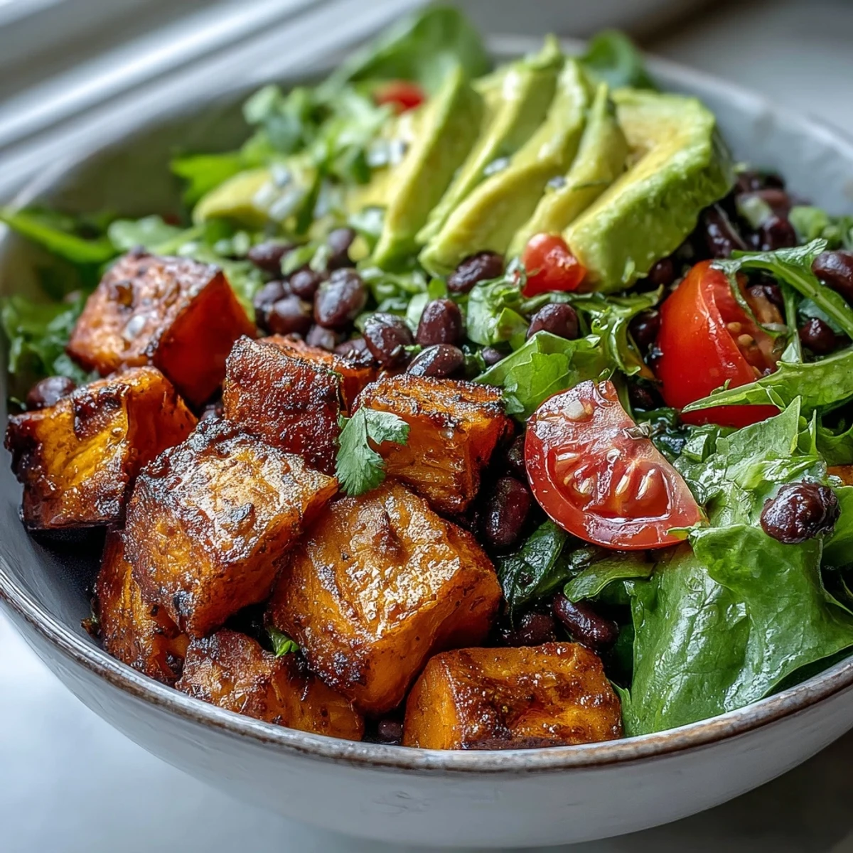 Close-up of a Sweet Potato and Black Bean Bowl showing golden roasted potatoes, black beans, and fresh cilantro garnish.
