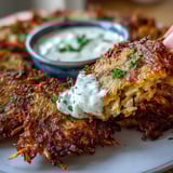 A close-up of Cabbage Fritters With Dipping Sauce highlights fresh parsley flecks and a creamy, tangy Greek yogurt dip.