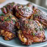 Oven-roasted crispy bone-in chicken thighs are plated with bright lemon wedges and fresh parsley, ready for a gluten-free dinner.