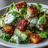 Fresh cucumbers and carrots tossed in a creamy sesame ginger dressing with golden crispy tofu cubes.