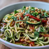 Healthy Easy Zucchini Noodle Stir-Fry with Peanut Sauce in a vibrant, colorful bowl, garnished with chopped peanuts and fresh cilantro.