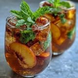 A tall glass of chilled mango peach iced tea garnished with fresh mint and fruit slices.