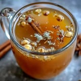 A steaming mug of dandelion root tea with ginger and turmeric, garnished with a slice of lemon and a sprinkle of black pepper.