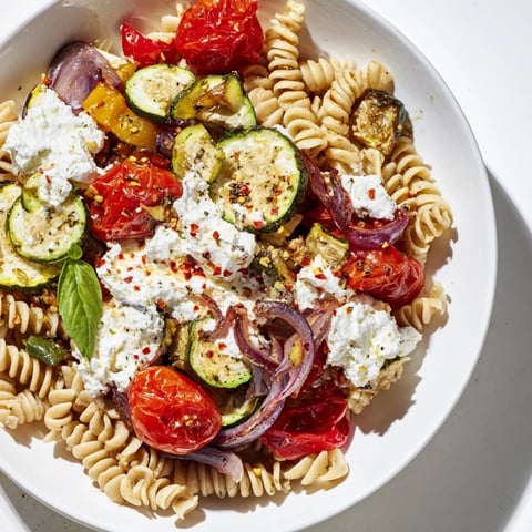 Creamy Baked Feta Pasta 2.0 with roasted vegetables, perfect for a flavorful vegetarian meal.