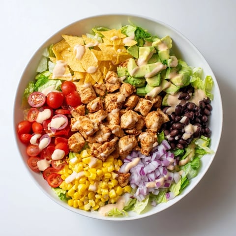 A vibrant bowl of Chicken Taco Chopped Salad with seasoned chicken, crisp lettuce, corn, black beans, and creamy salsa ranch dressing.