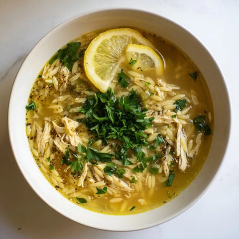 A close-up of Lemon Pepper Chicken Orzo Soup in a white bowl, with tender shredded chicken and orzo pasta in a golden broth flecked with black pepper.