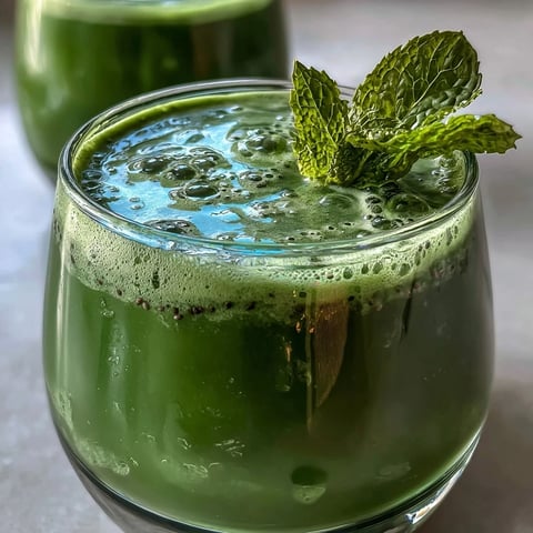 A tall glass of vibrant Green Detox Smoothie filled with blended romaine, spinach, and chia seeds, garnished with a fresh mint sprig for a refreshing morning boost.