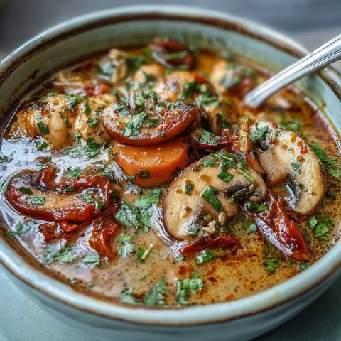 A vibrant bowl of Thai Coconut Curry Soup with tender chicken, mushrooms, and carrots in a creamy coconut broth.  