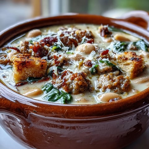 Creamy Tuscan White Bean Soup With Sausage served steaming in a rustic bowl, topped with Parmesan and wilted spinach.
