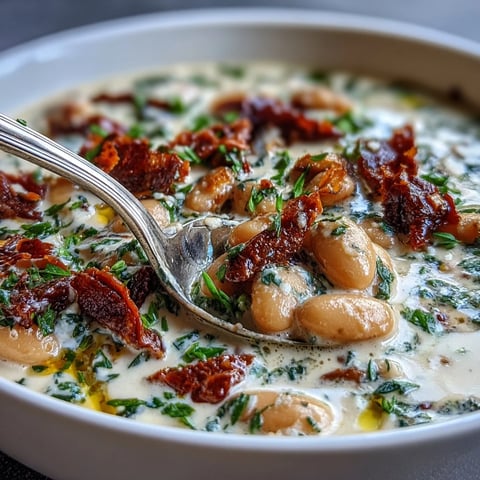 Creamy Tuscan White Bean Soup simmering in a rustic bowl, featuring velvety white beans, crispy pancetta, sun-dried tomatoes, and fresh basil garnish.