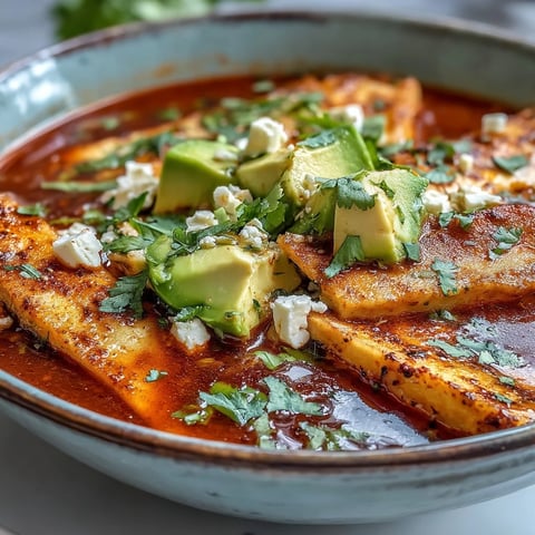 A steaming bowl of Sopa Azteca featuring crispy tortilla strips in a smoky tomato-chile broth, topped with creamy panela cheese and diced avocado.  