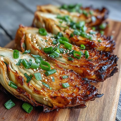 Golden-brown Miso Butter Roasted Cabbage Wedges fresh from the oven, drizzled with savory glaze and topped with scallions.