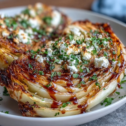 Golden roasted cabbage steaks with feta and balsamic glaze on a rustic wooden table, served as a Mediterranean side dish.