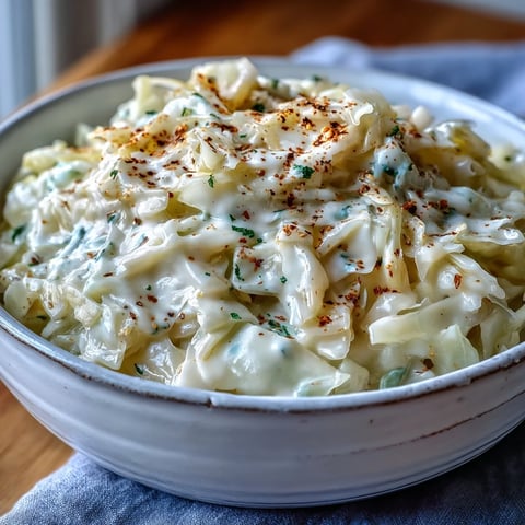 Silky Creamed Cabbage simmered in a creamy sauce, garnished with fresh parsley, served warm in a rustic bowl.