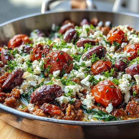 Sizzling Mediterranean Keto Ground Chicken Skillet with Olives and Feta in a pan, garnished with fresh parsley and lemon wedges. Close up of cooked ground chicken, tomatoes, and feta.