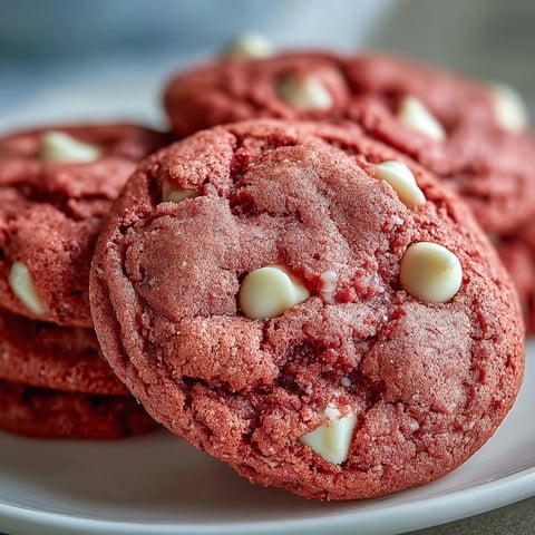 Soft, chewy Pink Velvet Cookies with white chocolate chips on a white plate, perfect for festive parties.