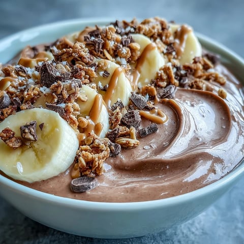 A close-up of a Chocolate Peanut Butter Smoothie Bowl, with a thick, creamy base topped with sliced banana, crunchy granola, and a drizzle of extra peanut butter.