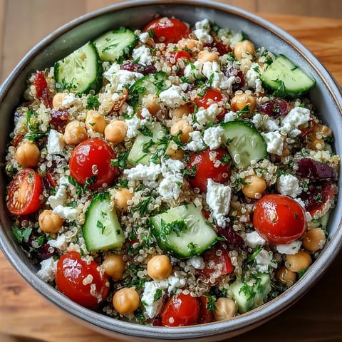 Vibrant High Protein Quinoa & Chickpea Salad with feta and lemon dressing, served in a white bowl.