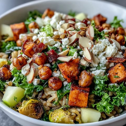 Golden roasted sweet potatoes and crispy chickpeas top a vibrant bowl of wild rice and massaged kale, finished with feta and almonds.