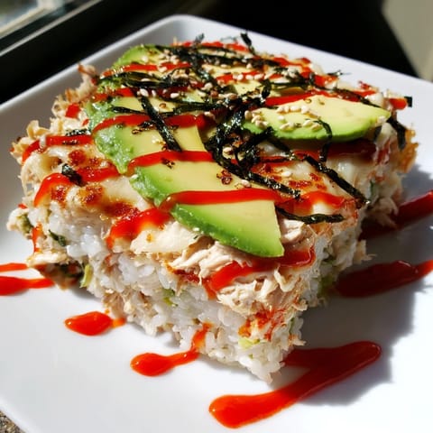 A baking dish showcases the cheesy topping on this flavorful Chicken Sushi Bake recipe.