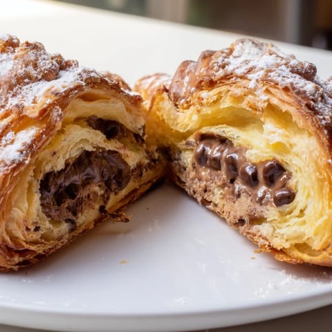 Flaky, buttery Croissant with warm, gooey cookie dough filling, perfect for a sweet treat.
