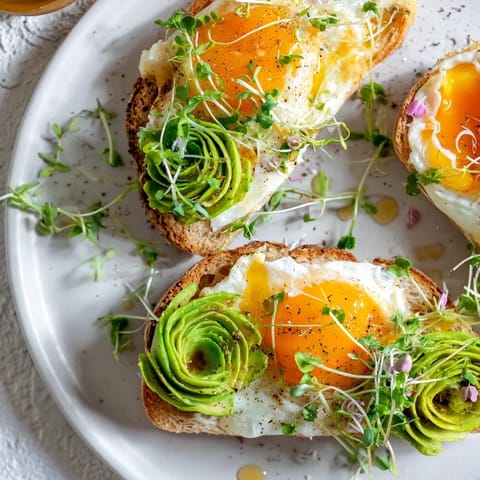 A delicious breakfast plate features Cloud Toast 2.0 with honey-drizzled avocado and fresh microgreens.