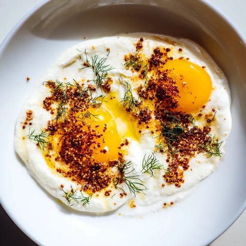Vibrant photo of Turkish Cilbir: soft poached eggs atop garlicky yogurt with a spicy butter sauce.