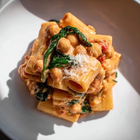 Savory Creamy Tuscan Chickpea Pasta twirled on a fork, revealing tender pasta coated in a creamy sauce with wilted spinach.