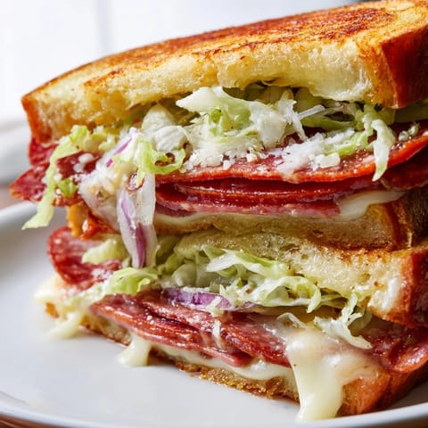 A close-up of a golden-brown Italian Sub Grilled Cheese, revealing melted provolone and layers of salami and pepperoni inside.  