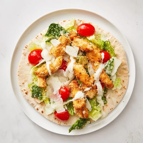 Golden-brown, air-fried chicken strips tucked inside a soft, warm pita, drizzled with creamy Caesar dressing for a handheld meal.