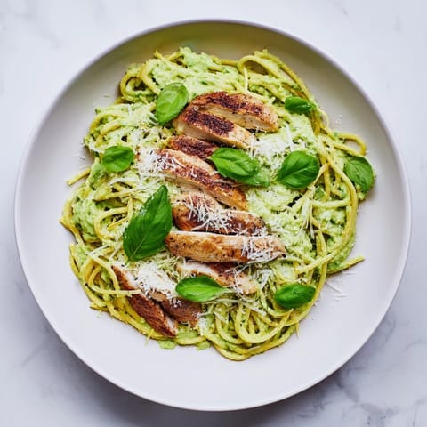 A close-up of Creamy Avocado Chicken Pasta, showcasing fresh basil garnish and a sprinkle of Parmesan over the silky, no-cook sauce.