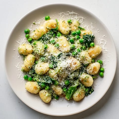 A close-up of crispy gnocchi tossed with sweet peas and spinach, drizzled with pesto and Parmesan.