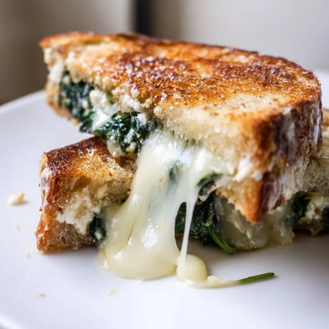 Golden-brown grilled cheese sandwich with melted feta and sautéed spinach on sourdough bread, served on a rustic wooden cutting board.